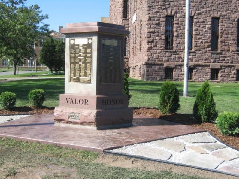 The Company F Monument built of Medina Sandstone was erected in 2008 to honor the courageous soldiers who trained at the Medina Armory 1898-1977.